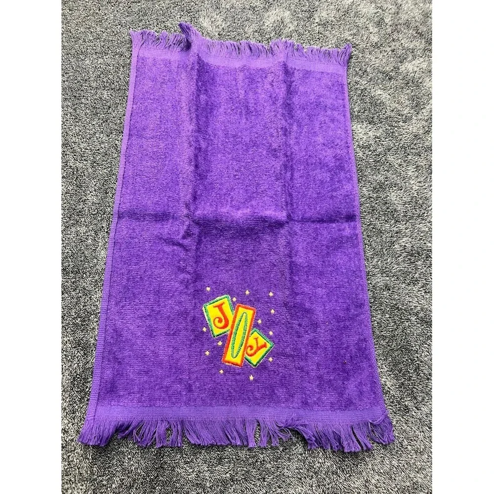 Vintage Holiday Hand Towel Set Joyeux Noel Green & Joy Purple Fringed Terry